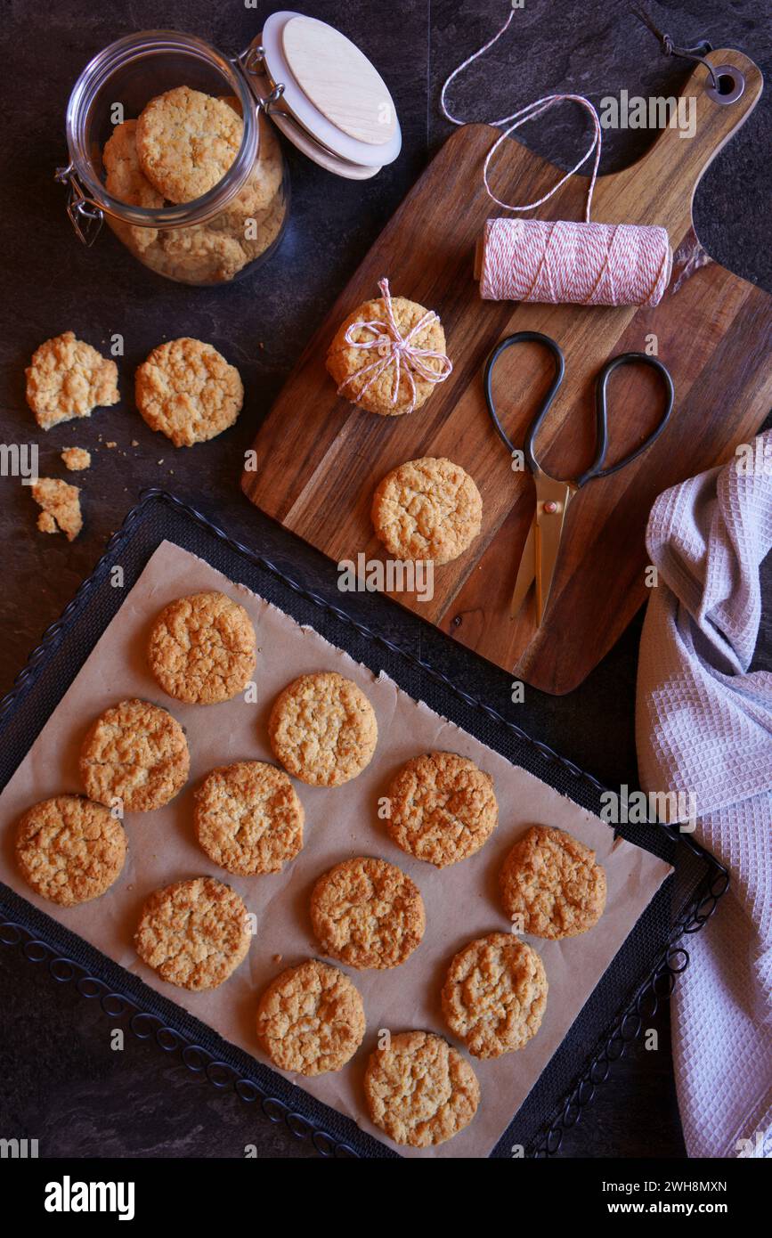 Traditional Australian Anzac Biscuits Flatlay. Stock Photo