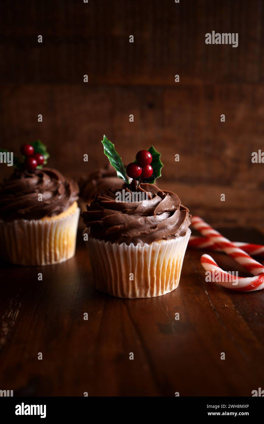 Christmas holiday chocolate cupcakes treats against a dark wood background. Negative copy space. Stock Photo