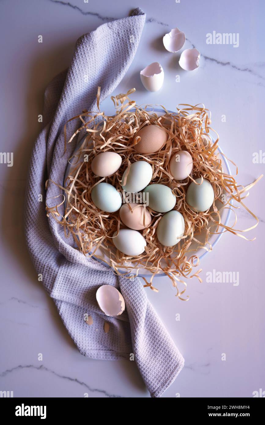 Araucana Chicken Free Range Eggs, including blue and green colors, flatlay. Stock Photo