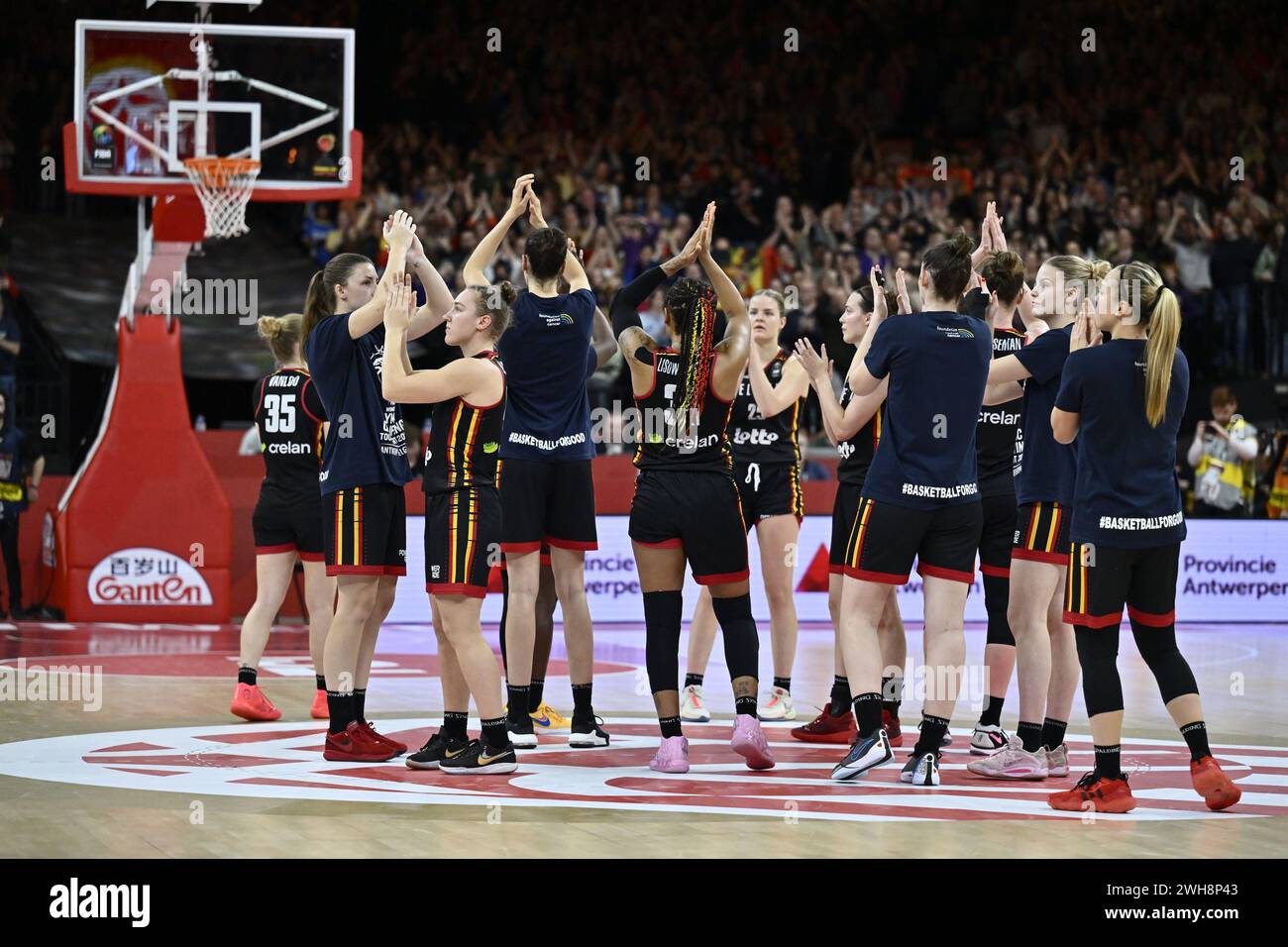 Antwerp, Belgium. 08th Feb, 2024. Belgium's players thank the supporters after losing the game on the last second at a basketball match between Belgian national women team 'the Belgian Cats' and the USA, Thursday 08 February 2024 in Antwerp, during the FIBA Women's basketball qualification tournament for the 2024 Summer Olympics in Paris, France. BELGA PHOTO DIRK WAEM Credit: Belga News Agency/Alamy Live News Stock Photo