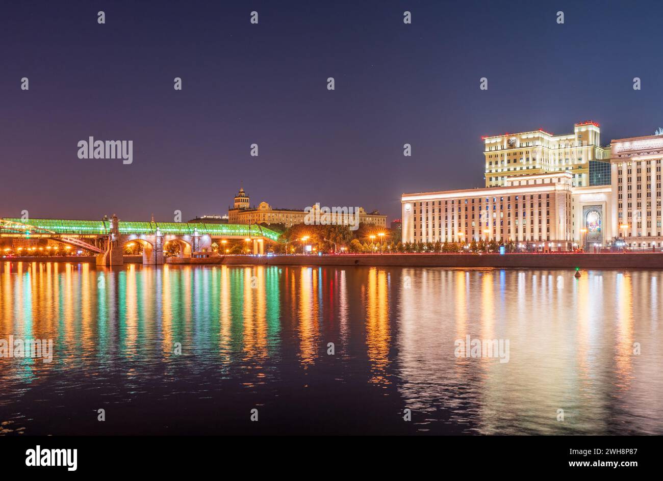 Night view of the Ministry of Defence of Russian Federation, and Moscow ...
