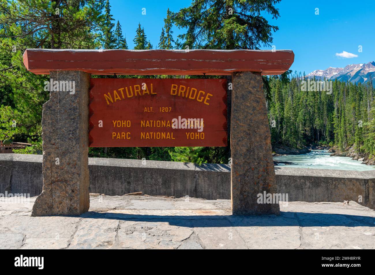 Natural Bridge rock formation sign by the Kicking Horse River, Yoho national park, British Columbia, Canada. Stock Photo