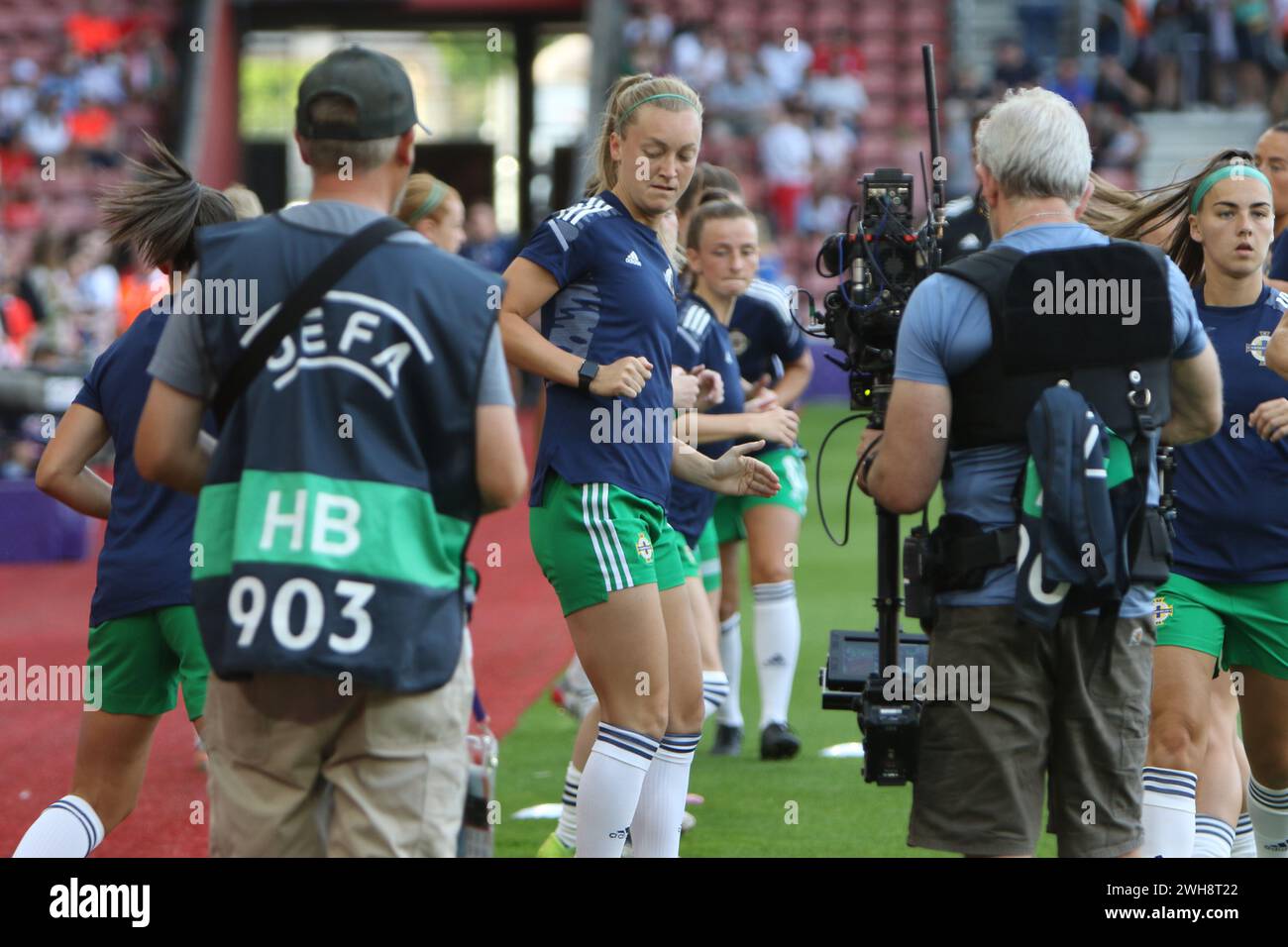 Northern Ireland players warm up before England v Northern Ireland UEFA Womens Euro 15 July 2022 St Marys Stadium Southampton Stock Photo