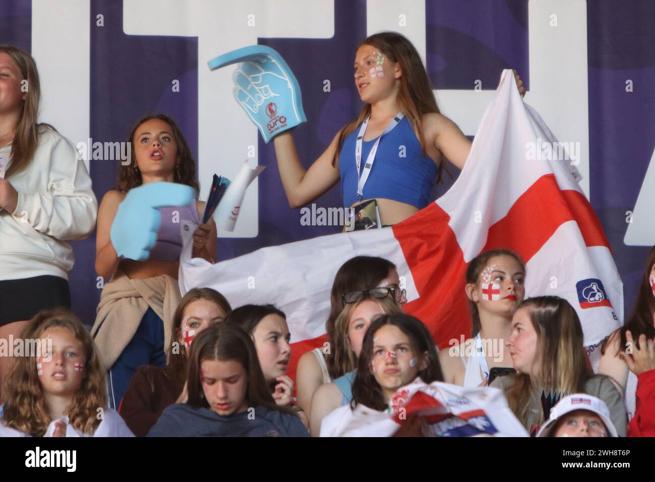 Young England Lionesses fans with flag and sponge hand England v Northern Ireland UEFA Womens Euro 15 July 2022 St Marys Stadium Southampton Stock Photo