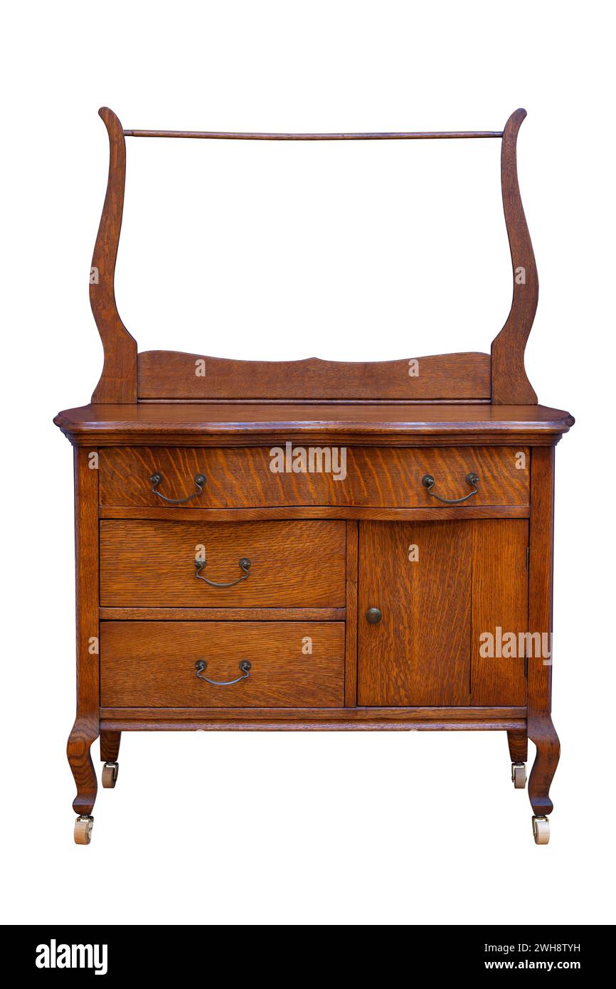 Antique wash stand table made of quarter sawn oak isolated on a white background Stock Photo
