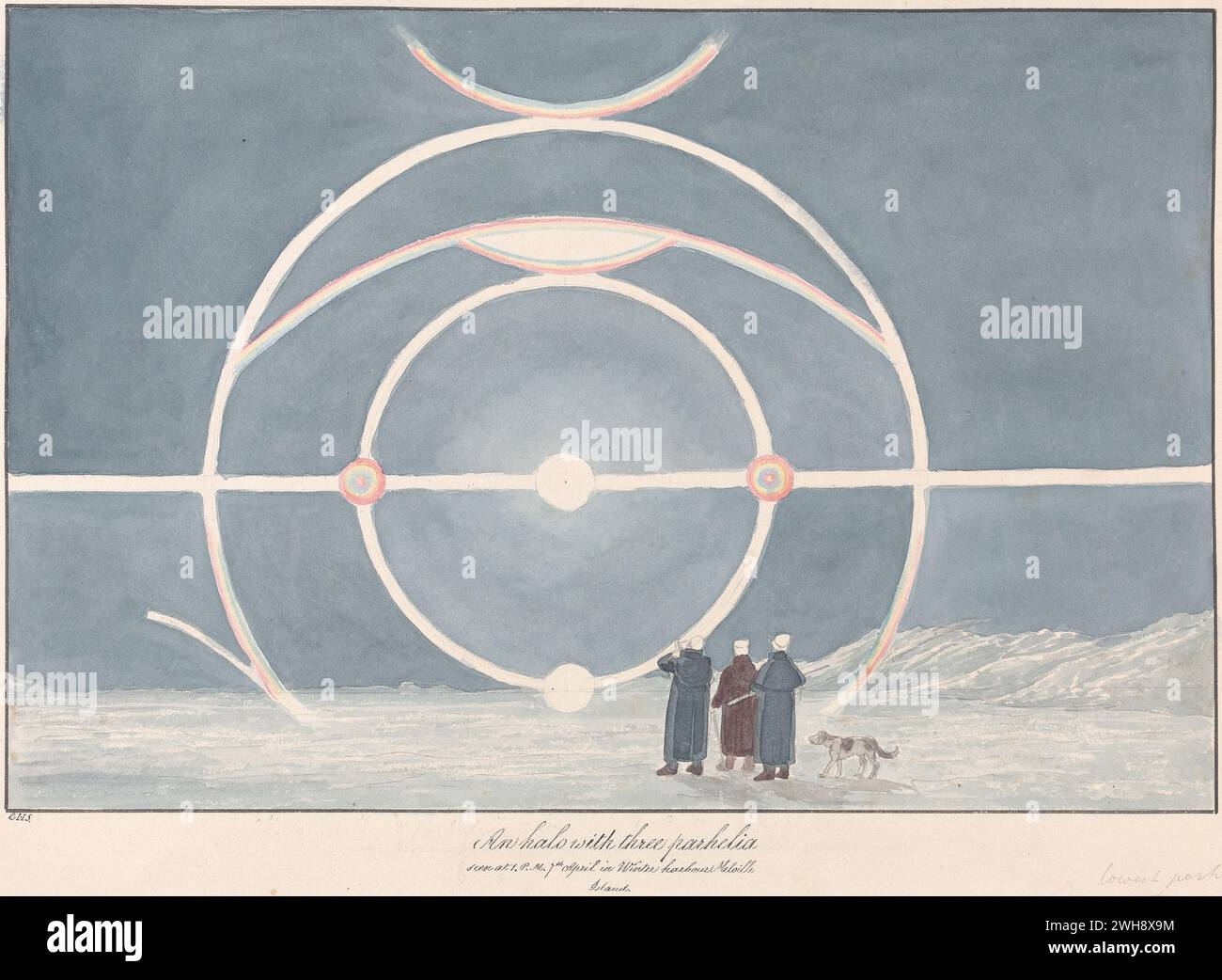 'Halo with Three Parhelia, Winter Harbour Melville Island' from the book 'Views of Polar Regions' by Charles Hamilton Smith, Belgian, undated, Watercolor and graphite on moderately thick, moderately textured, cream wove paper, Stock Photo