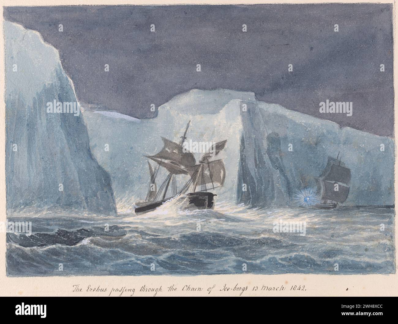 'The Erebus Passing Through the Chain of Icebergs' from the book 'Views of Polar Regions' by Charles Hamilton Smith, Belgian, undated, Watercolor and graphite on moderately thick, moderately textured, cream wove paper, Stock Photo
