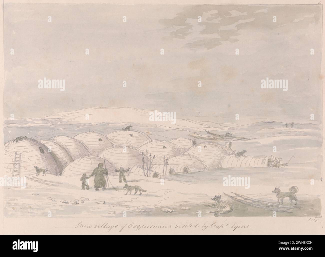 'Snow Village of Inuit visited by Captain Lyons' from the book 'Views of Polar Regions' by Charles Hamilton Smith, Belgian, undated, Watercolor and graphite on moderately thick, moderately textured, cream wove paper, Stock Photo