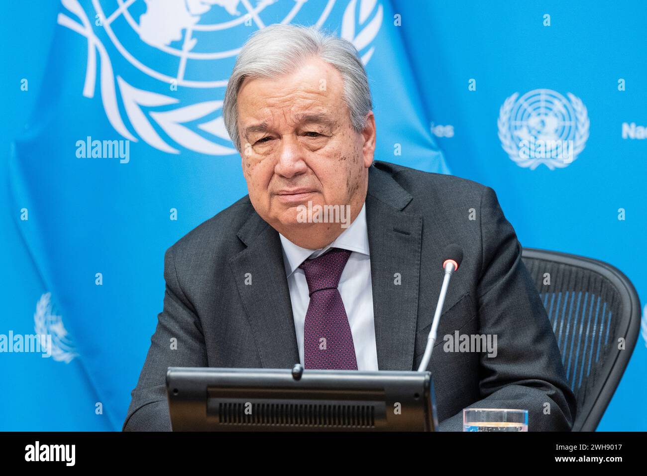 New York, USA. 08th Feb, 2024. Secretary-General Antonio Guterres speaks during a press briefing on his priorities for 2024 at UN Headquarters in New York on February 8, 2024. Antonio Guterres spoke of hope to bring the war started by Russia against Ukraine and conflict in the Middle East to the end. He iterated once again that a two-state solution is the way forward to bring peace and security to Israel and Palestine. (Photo by Lev Radin/Sipa USA) Credit: Sipa USA/Alamy Live News Stock Photo