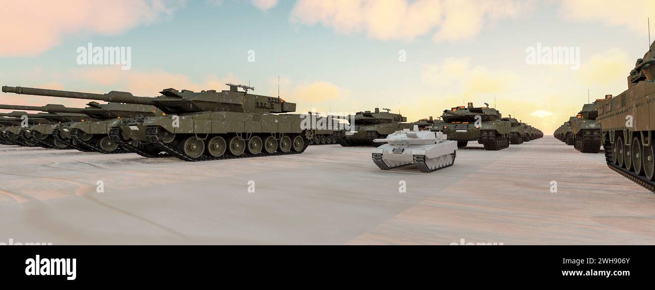 Iron Guardians on Ice: Tank Battalion in Winter Camouflage Ready for Maneuvers Stock Photo
