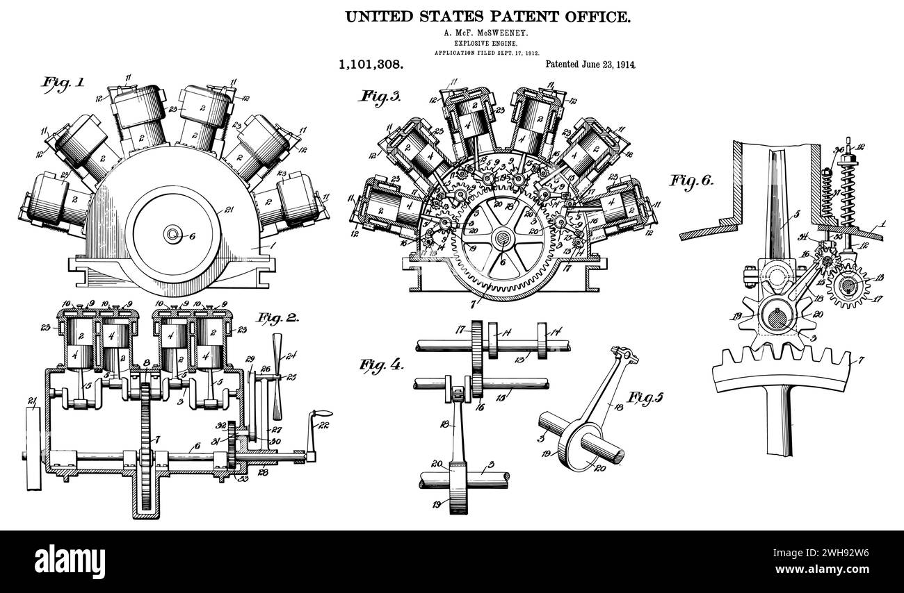 1912 Patent Explosive Engine Poster Print, Engine Blueprint, Garage Workshop Art, Body Shop Art Black White Stock Vector