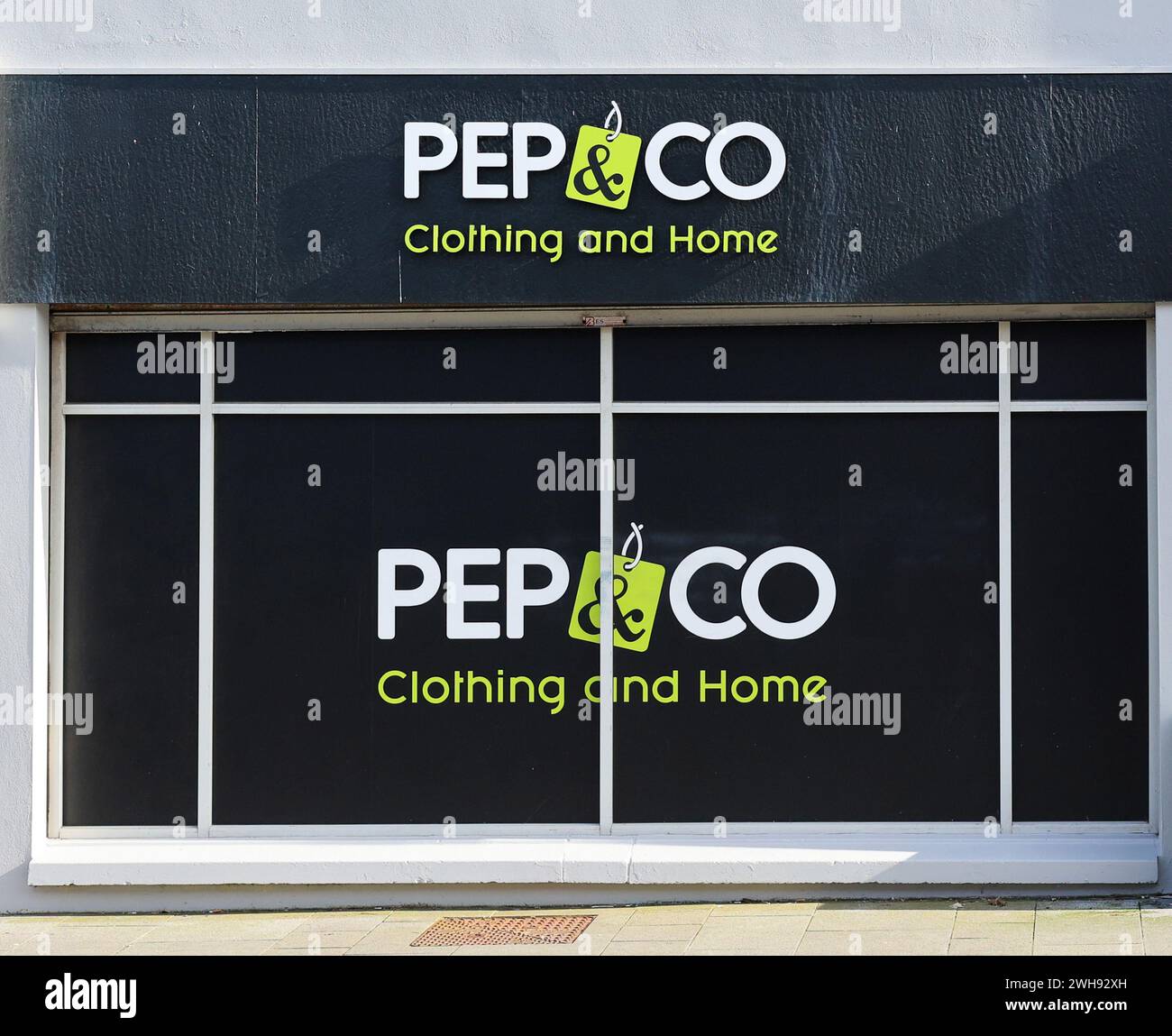 UK retail, Pep&Co store window showing Pep&Co clothing and home advertising. Stock Photo