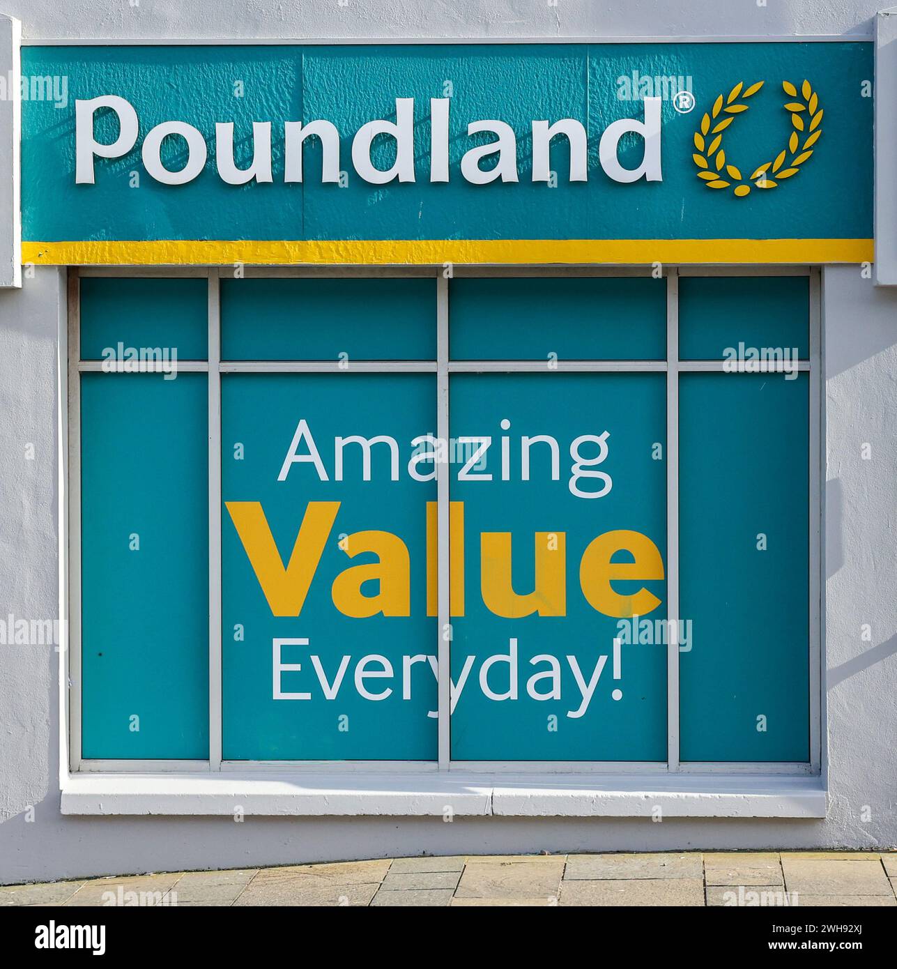 UK retail, Poundland store window showing with Poundland advertising slogan Amazing value everyday Stock Photo