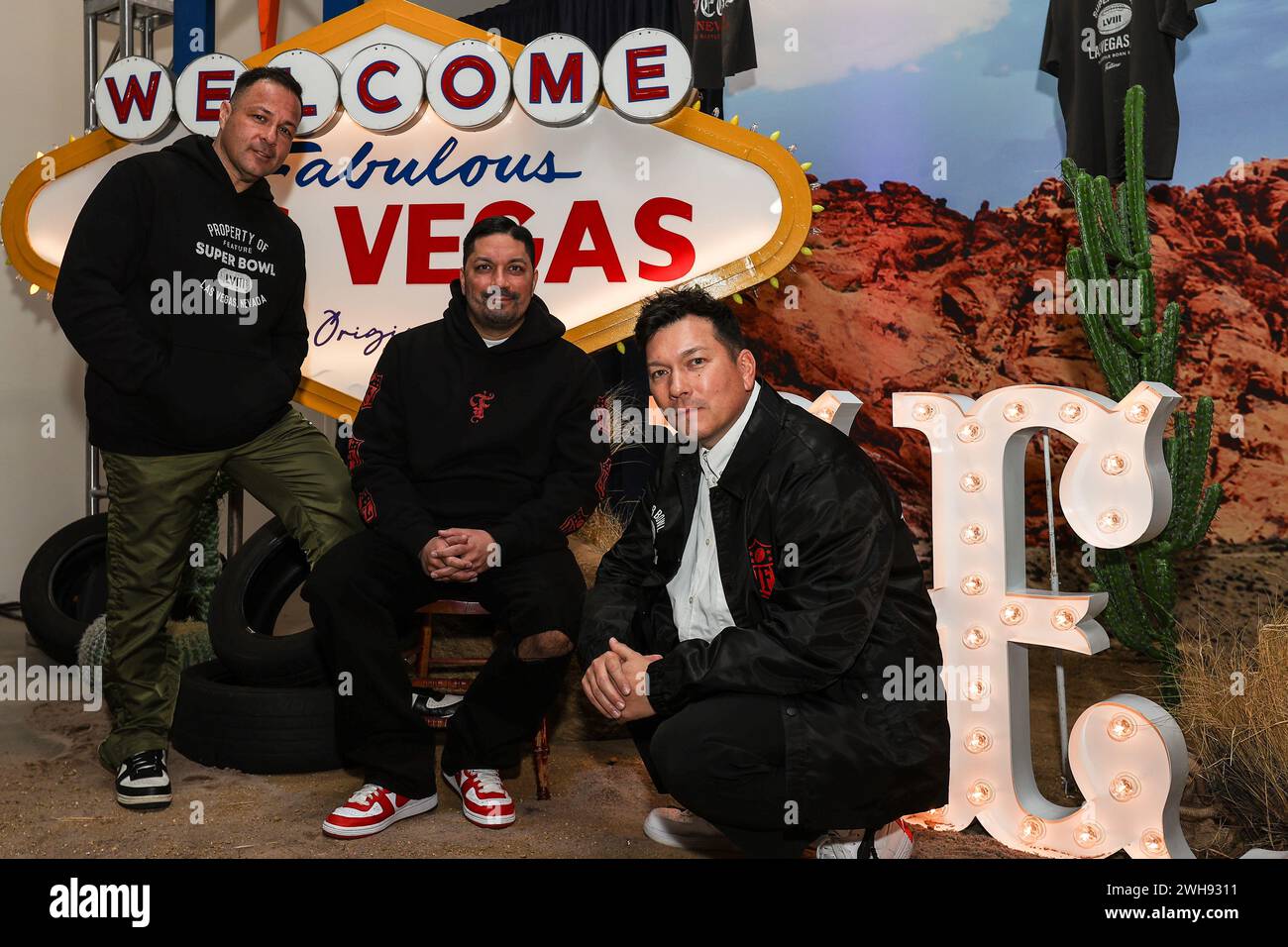 February 08, 2024: EJ Luera, Ajay Bouri owners of Feature pose for a photo during the Origins: NFL Collection Launch Event in Las Vegas, NV. Christopher Trim/CSM. (Credit Image: © Christopher Trim/Cal Sport Media) Stock Photo