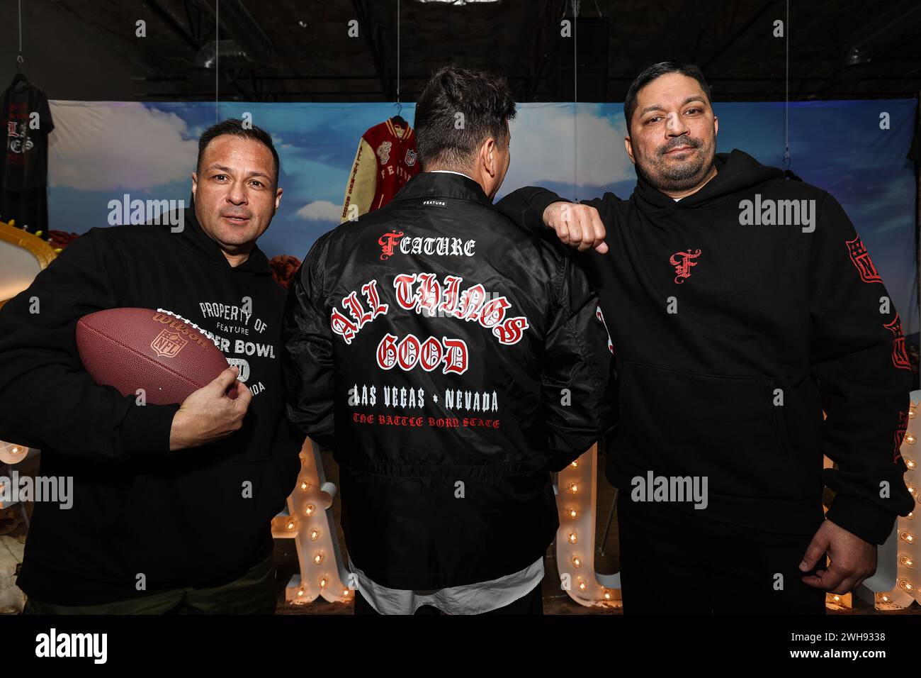 February 08, 2024: (L-R) EJ Luera, Ajay Bouri owners of Feature pose for a photo during the Origins: NFL Collection Launch Event in Las Vegas, NV. Christopher Trim/CSM. Stock Photo