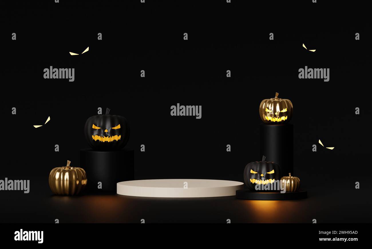 Halloween podium on black background with scary faces pumpkins are ...