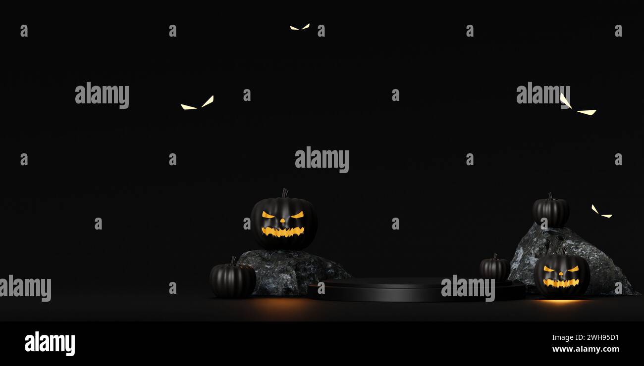 Halloween podium on black background with scary faces pumpkins are ...