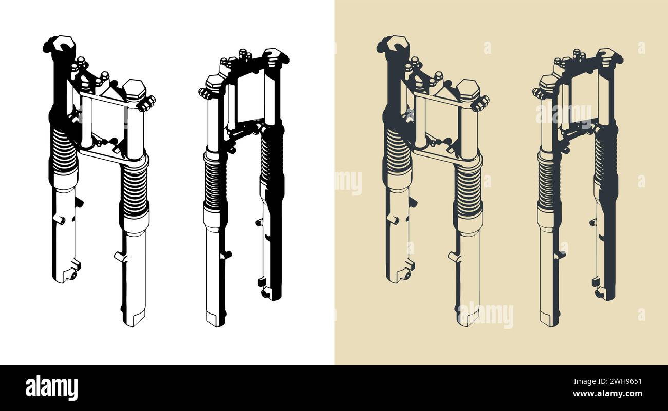 Stylized vector illustrations of a front steering fork with hydraulic suspension system Stock Vector