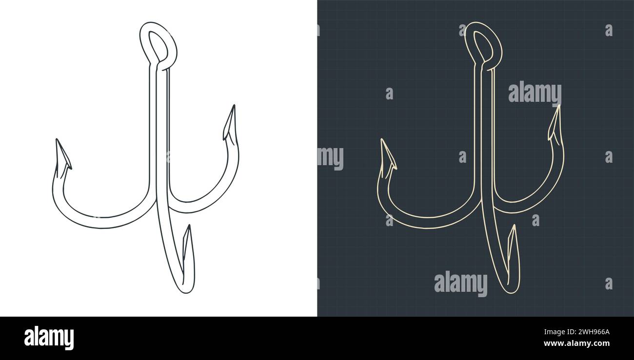 Stylized vector illustrations of blueprints of a treble fishing hook Stock Vector