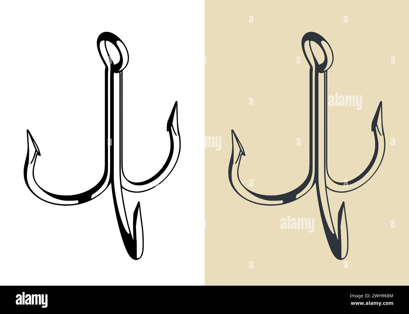Stylized vector illustrations of a treble fishing hook Stock Vector