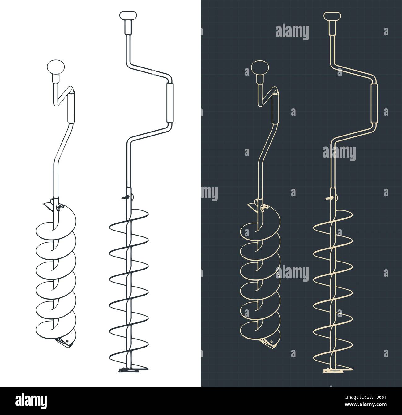 Stylized vector illustration of blueprints of an ice cutting auger for winter fishing Stock Vector