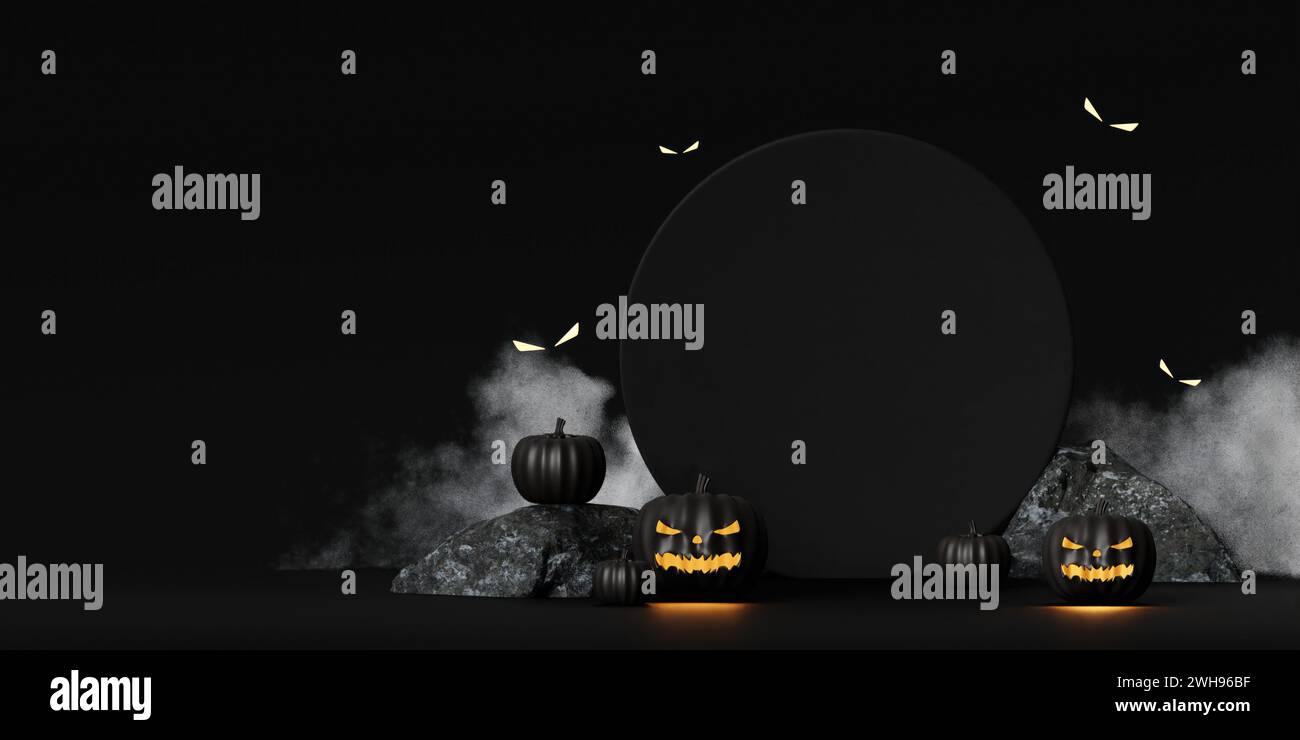Halloween podium on black background with scary faces pumpkins are ...