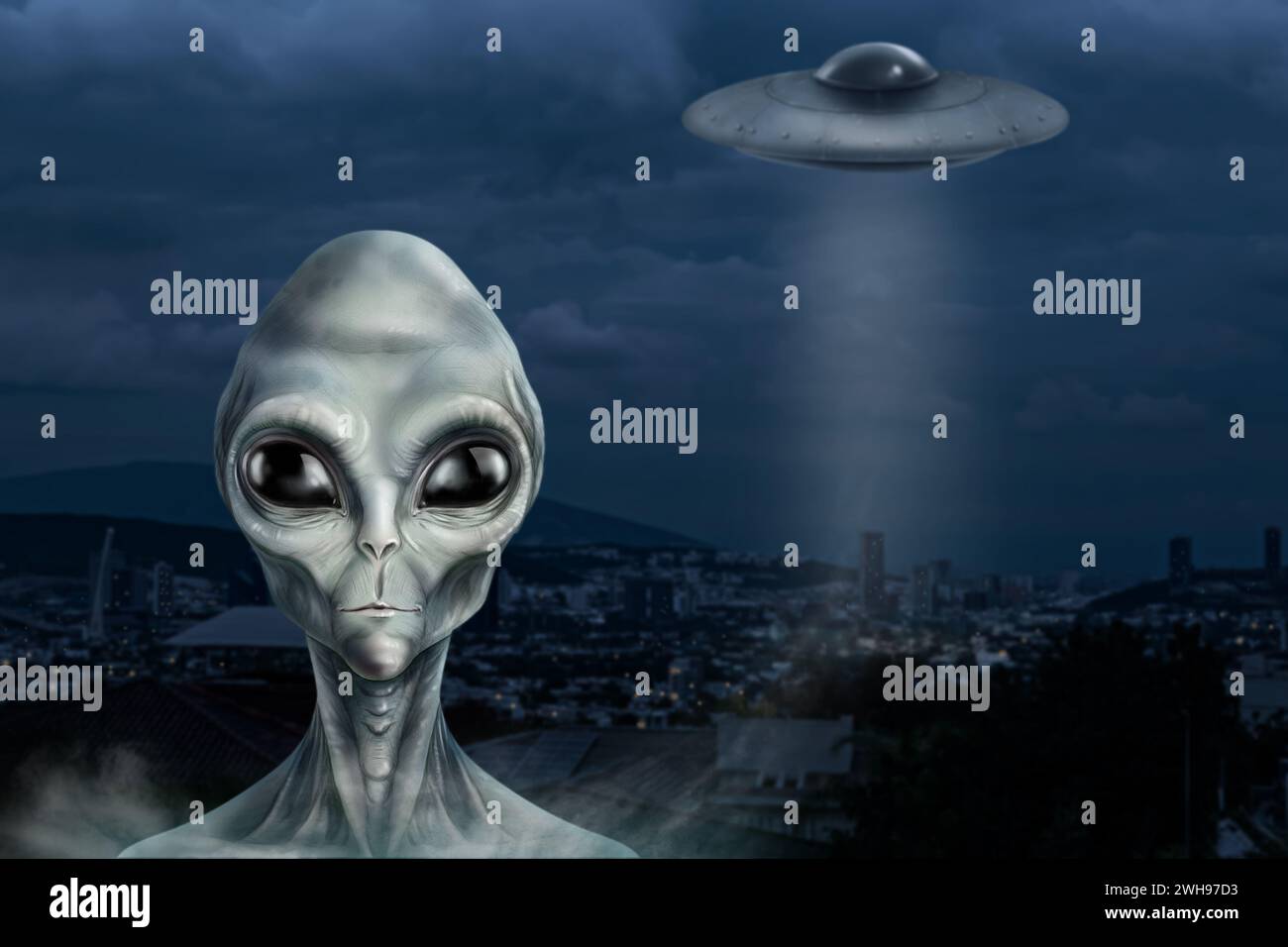 Alien and flying saucer at city. UFO, extraterrestrial visitors Stock ...