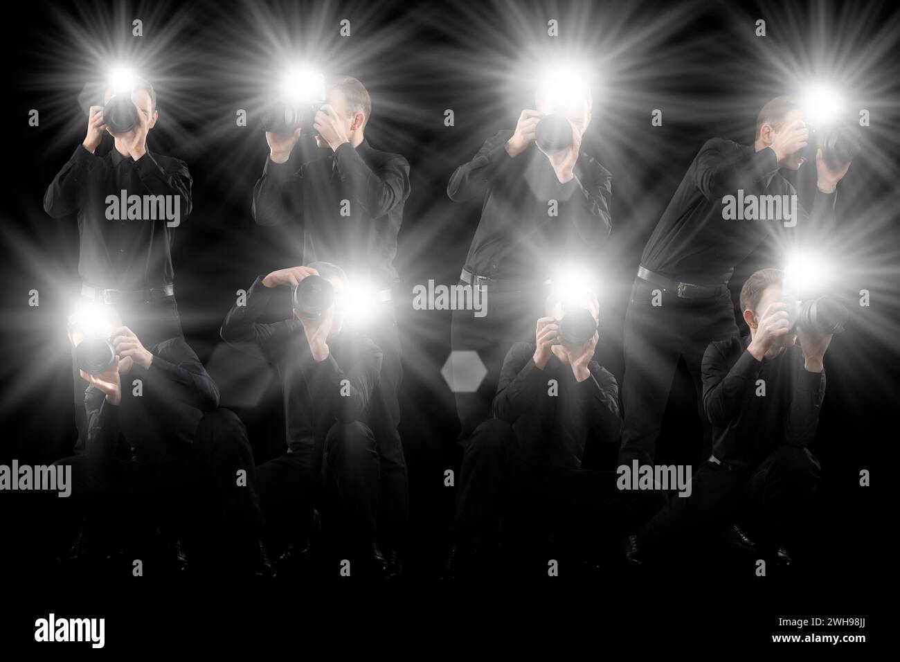 Group of photographers with cameras on black background. Paparazzi ...