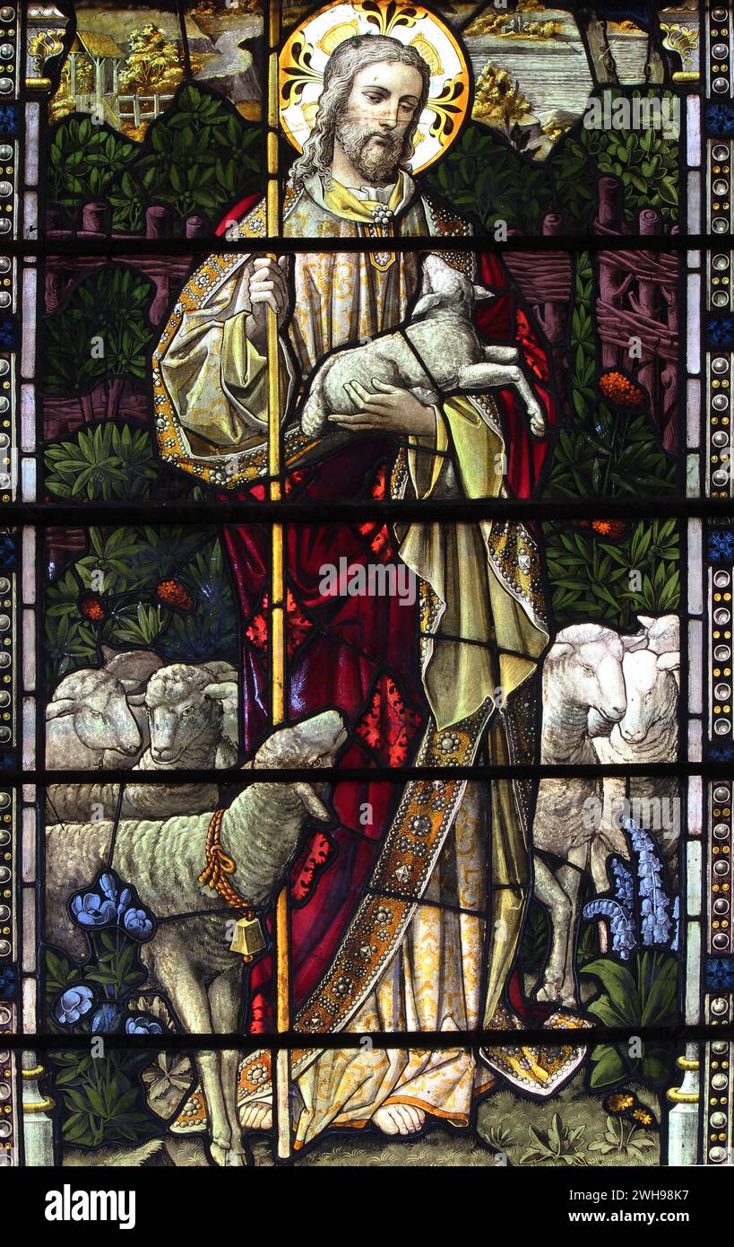 Stained glass panel showing the Good Shepherd Stock Photo