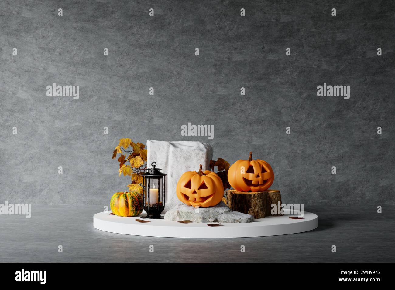 Halloween stone podium with scary faces pumpkins with candle and maple ...