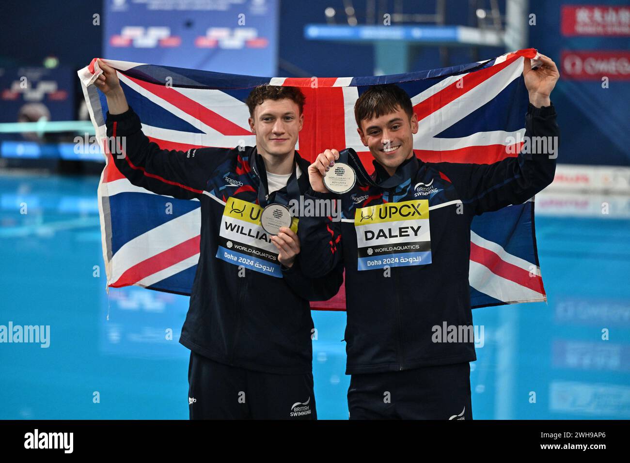 Doha, Qatar. 8th Feb, 2024. Silver medalists Thomas Daley (R)/Noah