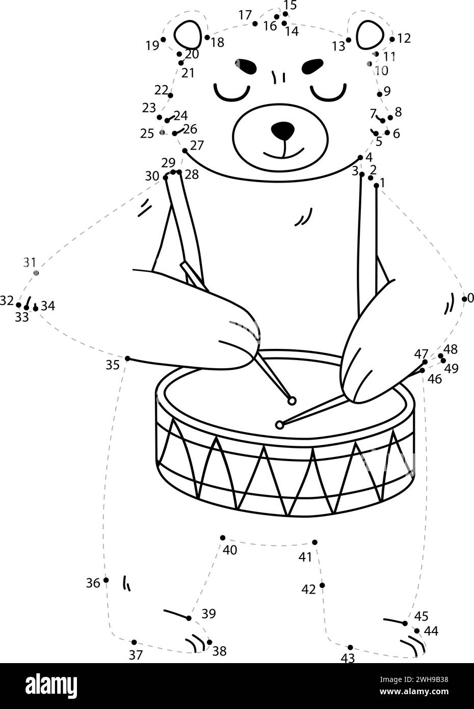 Connect the dots game. Bear printable worksheet for kids Stock Vector
