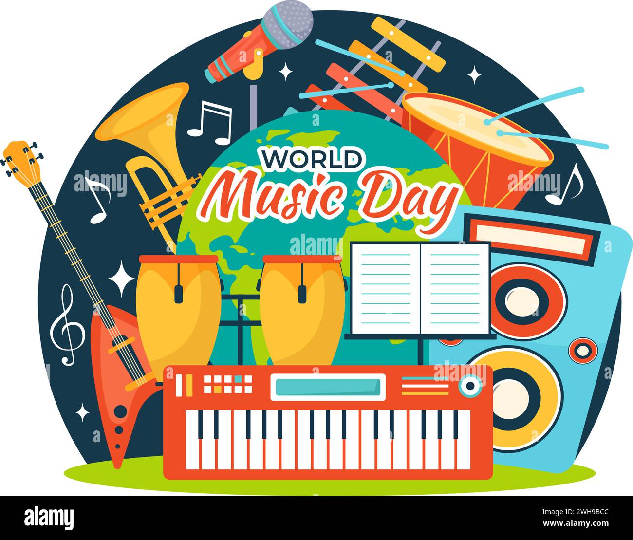 World Music Day Vector Illustration on 21 June with Various Musical Instruments and Notes in Flat Cartoon Background Design Stock Vector