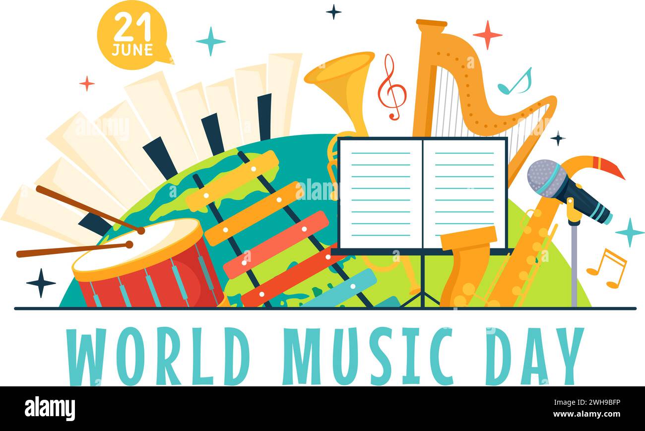 World Music Day Vector Illustration on 21 June with Various Musical Instruments and Notes in Flat Cartoon Background Design Stock Vector