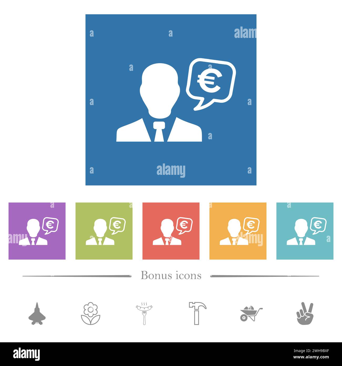 European Euro financial advisor flat white icons in square backgrounds ...