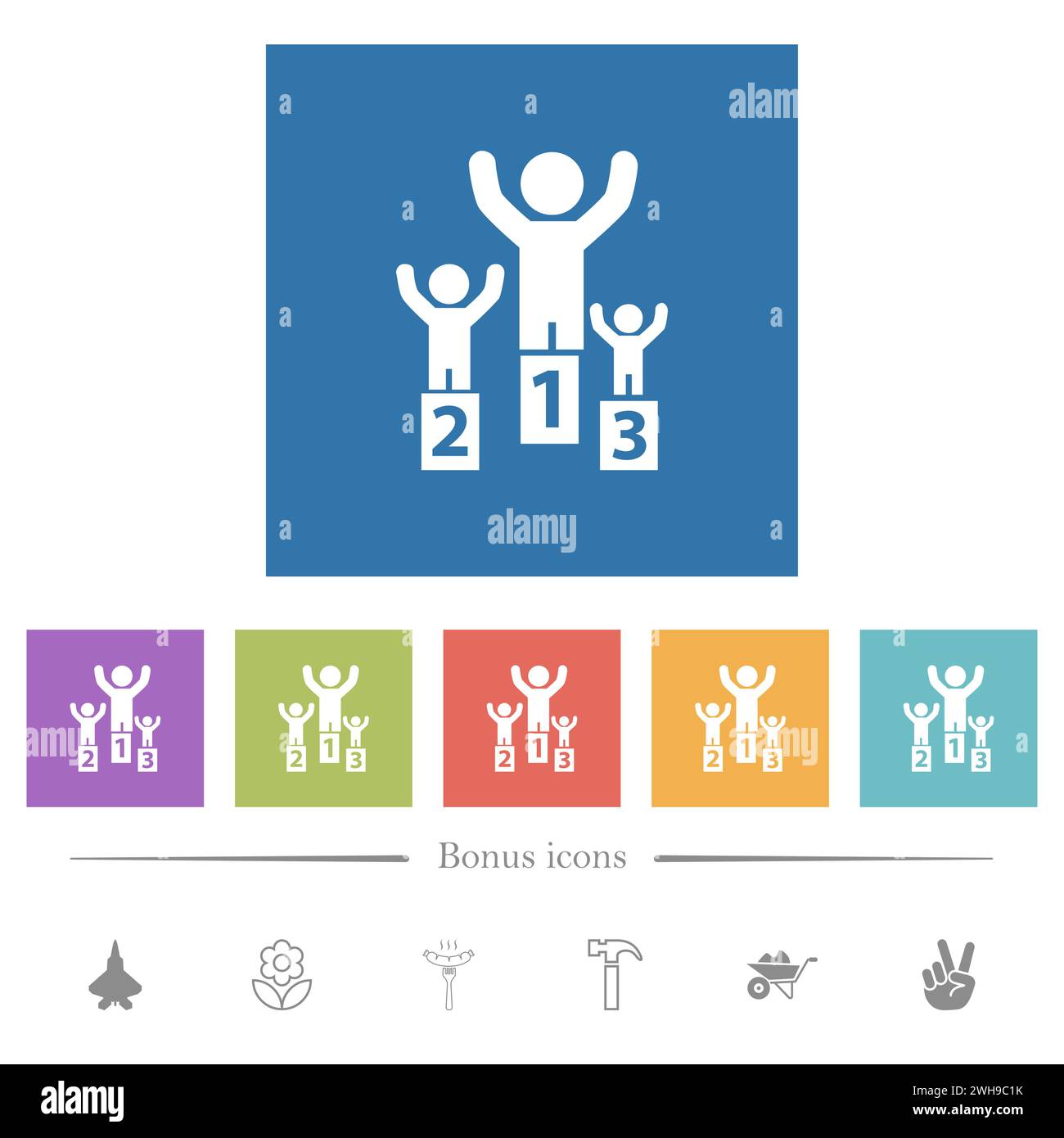 Winners on the podium flat white icons in square backgrounds. 6 bonus ...