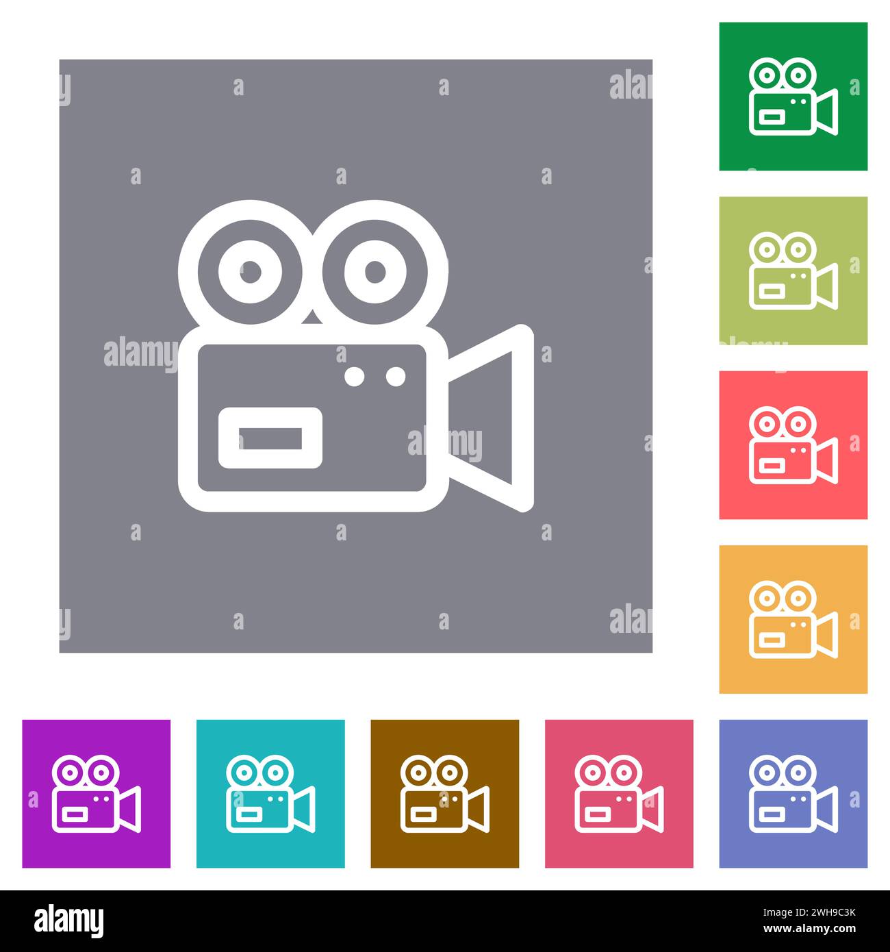 Movie camera outline flat icons on simple color square backgrounds Stock Vector