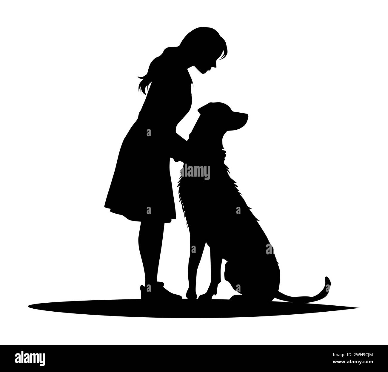 Girl and Dog vector art, girl hugging dog silhouette, puppy lover girl friendship Stock Vector