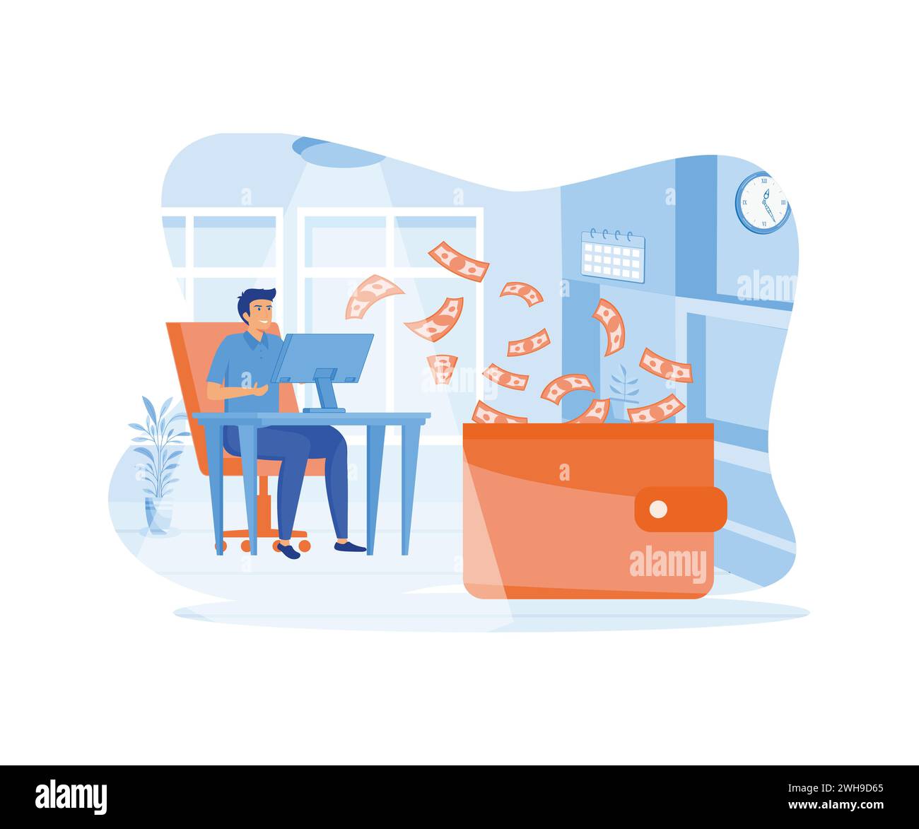 Making money online - Bearded man working at desk with computer and money flowing from screen to wallet. flat vector modern illustration Stock Vector