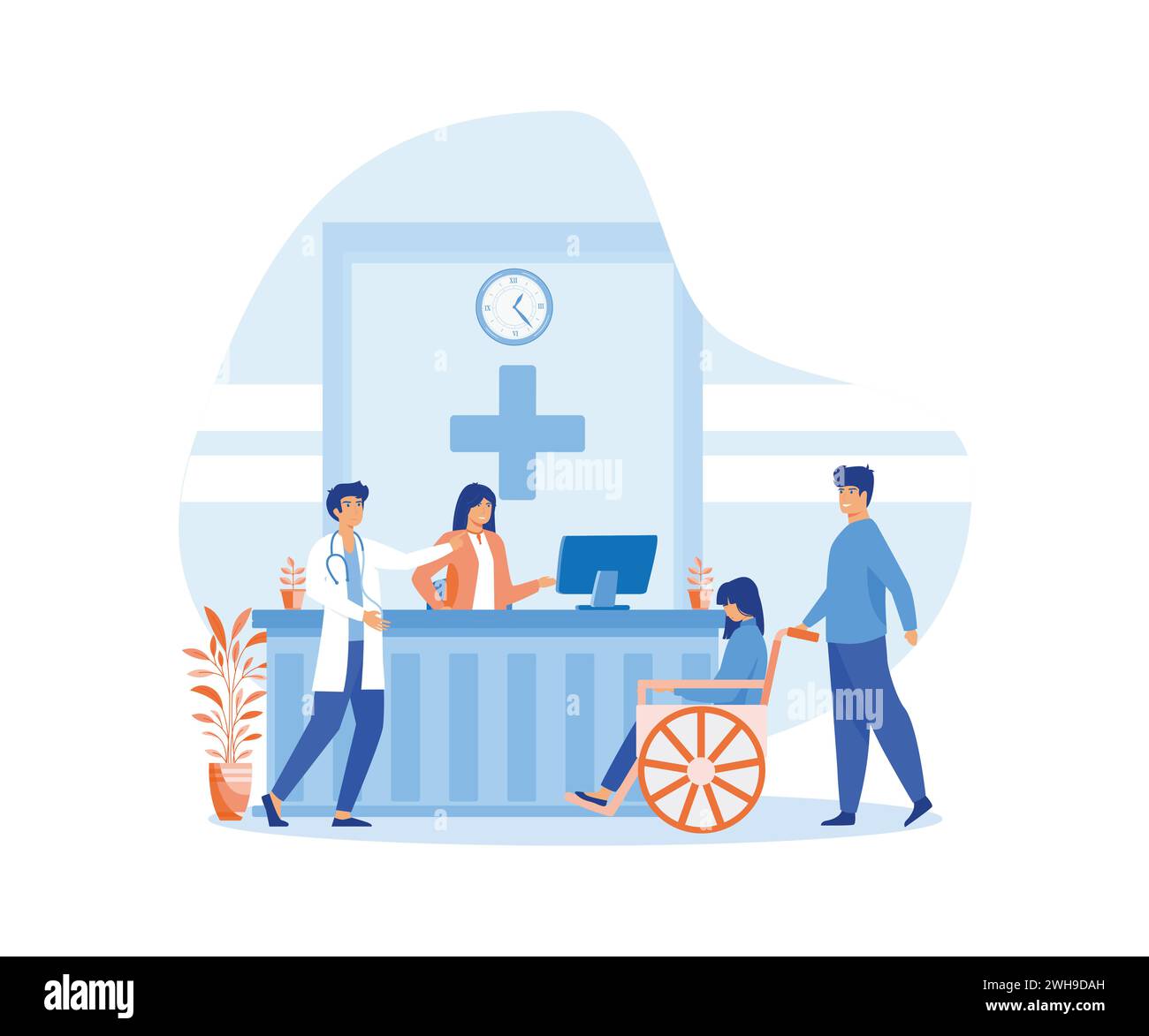 Reception in hospital with patients. Waiting room with disabled man. Healthcare. flat vector modern illustration Stock Vector