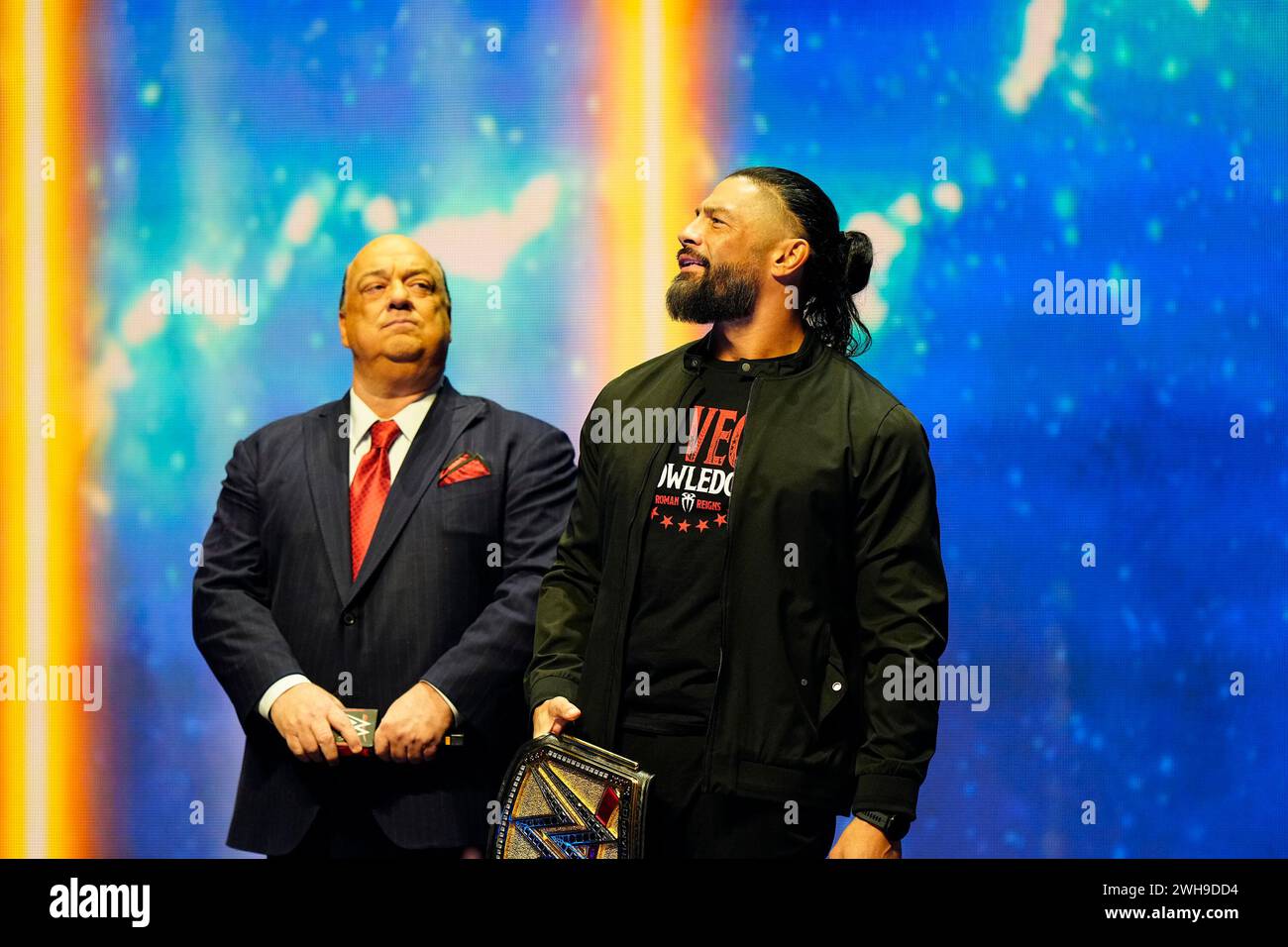 Las Vegas, Nv, United States. 08th Feb, 2024. LAS VEGAS, NV - February 8, 2024 : Roman Reigns, WWE Undisputed Universal Champion at T-Mobile Arena for Wrestlemania XL kickoff on February 8, 2024 in Las Vegas, NV, United States. (Photo by Louis Grasse/PXimages) Credit: Sipa USA/Alamy Live News Stock Photo