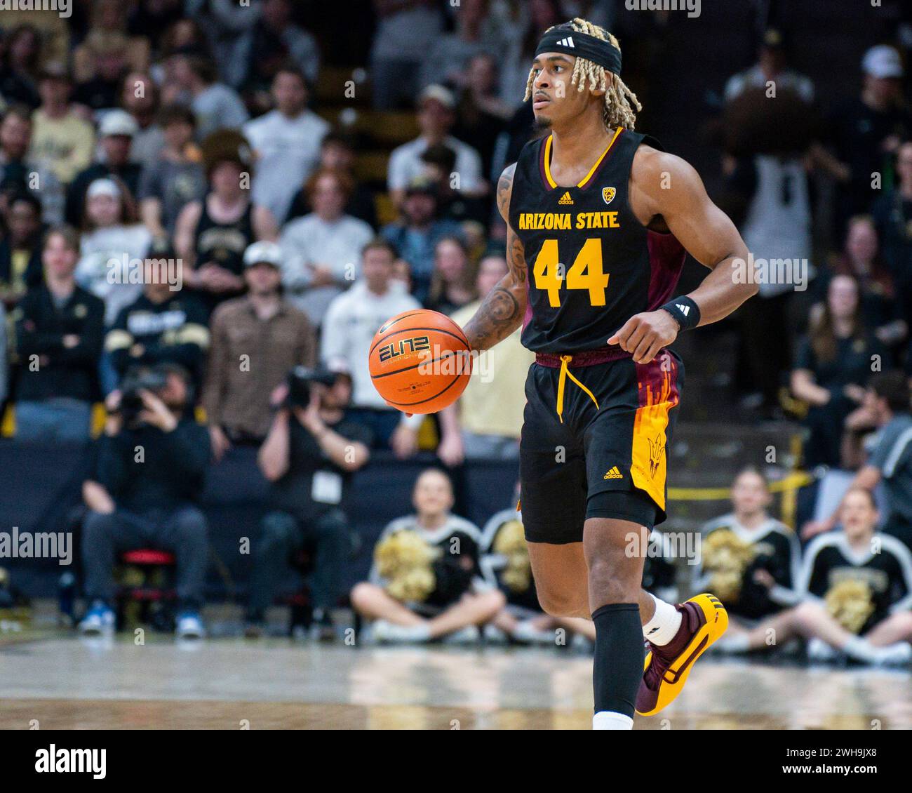 Boulder, CO, USA. 8th Feb, 2024. Arizona State Sun Devils guard Adam Miller (44) brings the ball up in the men's basketball game between Colorado and Arizona State at the Coors Events center in Boulder, CO. Derek Regensburger/CSM/Alamy Live News Stock Photo