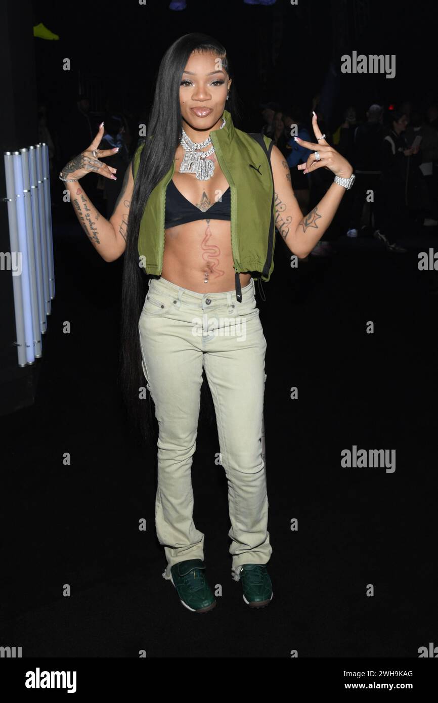 New York, USA. 08th Feb, 2024. Rapper GloRilla is seen in the front row ...