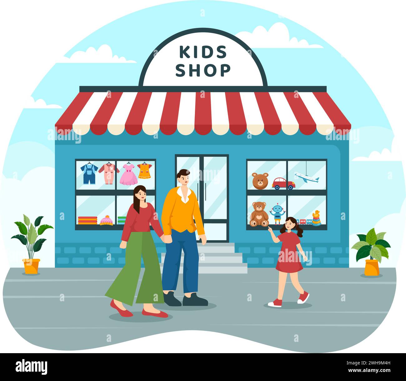 Kids Shop Vector Illustration with Boys and Girls Children Equipment such as Clothes or Toys for Shopping Concept in Flat Cartoon Background Stock Vector