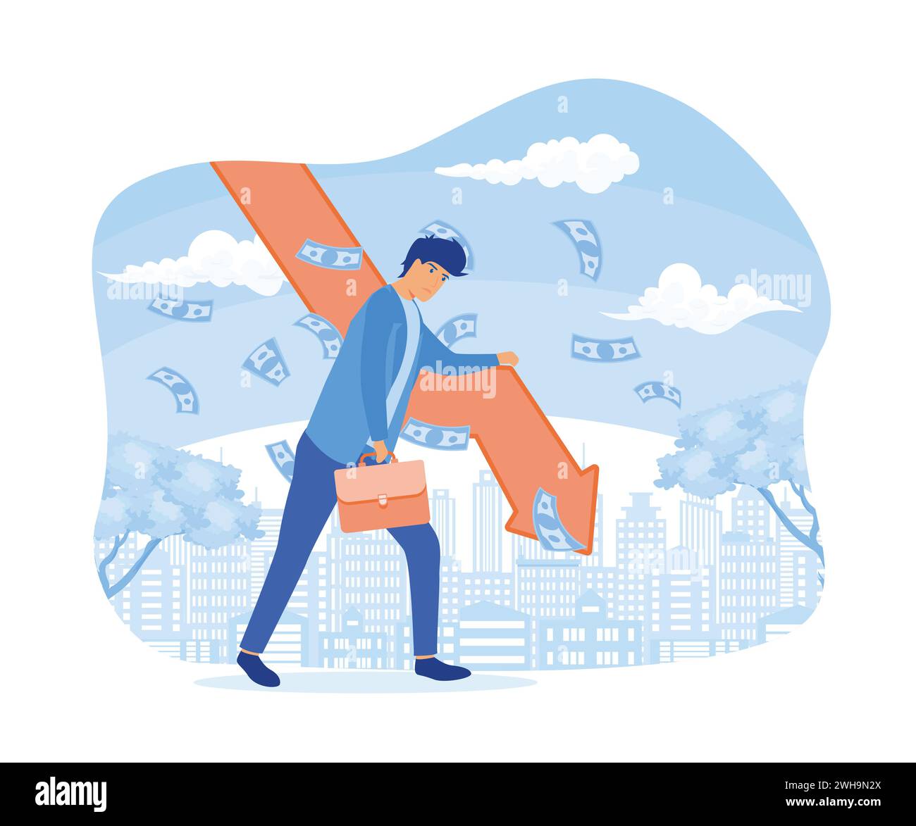 Economic recession Businessman losing money in financial crisis and falling economy. flat vector