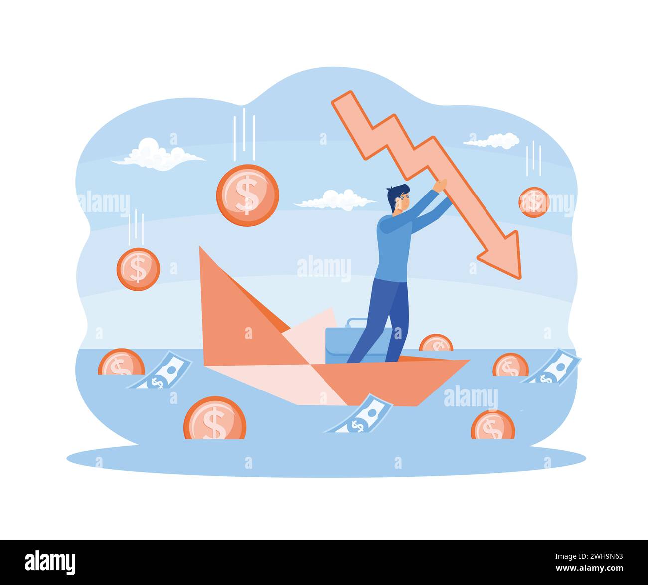 Bankruptcy and financial crisis concept. Tiny businessman during business failure and company problem. flat vector modern illustration Stock Vector