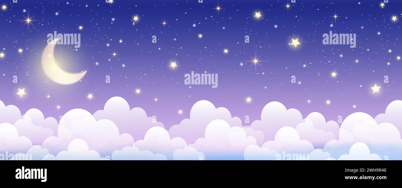 Night sky background. Starry dark gradient space. Crescent moon and clouds dreamy scene. Vector cute landscape panorama. Magic midnight illustration Stock Vector
