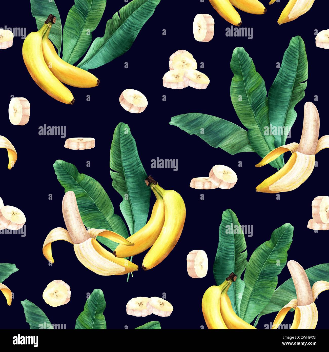 Watercolor seamless pattern with banana tree leaves and peeled sliced ...