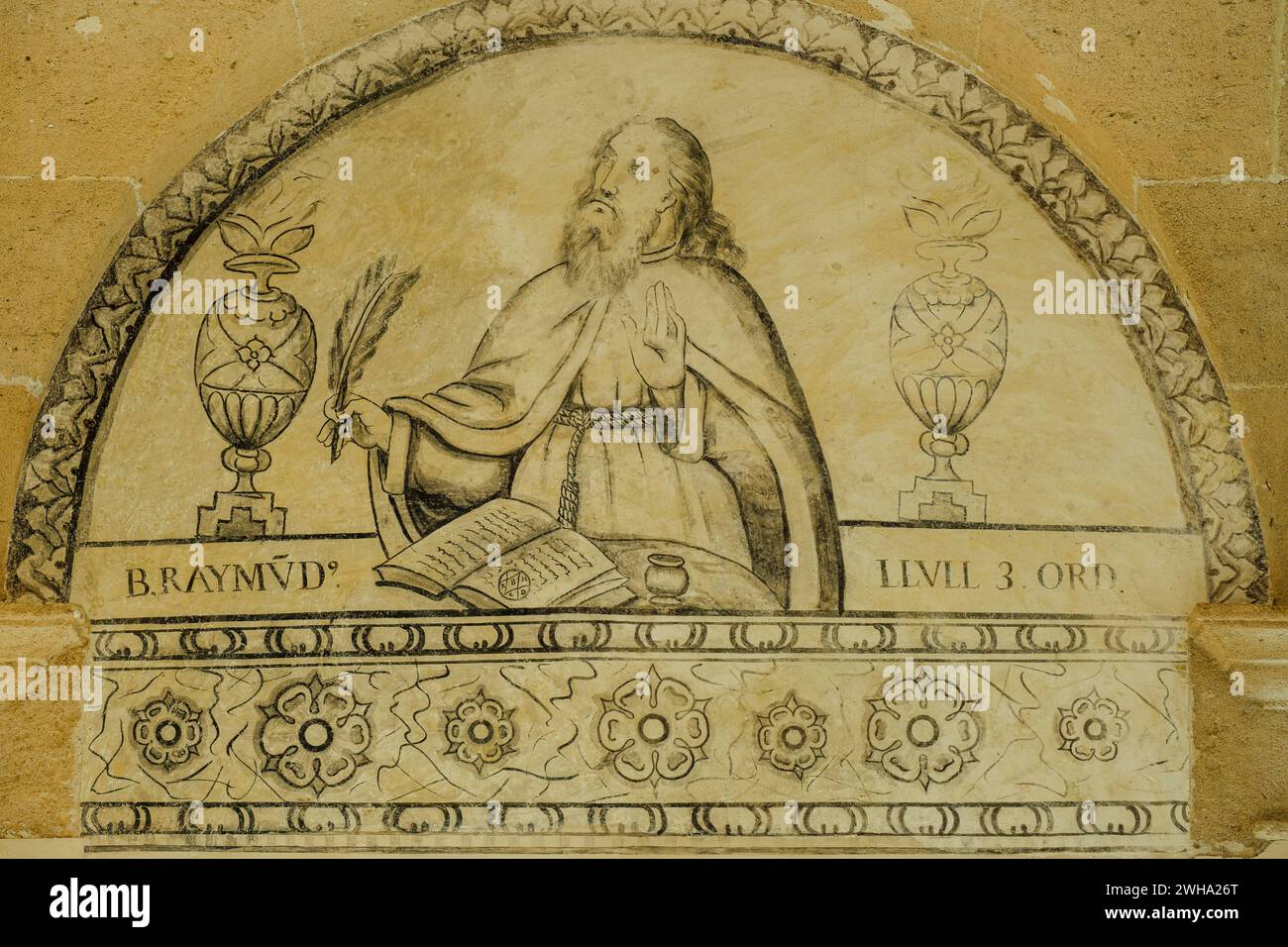 portrait of Ramon Llull, 17th century, paintings of the corridor on the ground floor, gray techniqueSan Buenaventura Cloister, Llucmajor, Mallorca, Ba Stock Photo