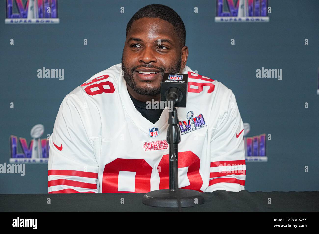 Henderson, Nevada, USA, February 8, 2024, 49ers defensive Tackle Javon Hargrave during the Pre Super Bowl Press Conference (Photo Credit: Marty Jean-Louis/Alamy Live News Stock Photo